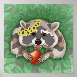 Raccoon in einem Kranz von Sonnenblumen Poster