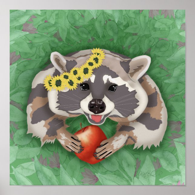 Raccoon in einem Kranz von Sonnenblumen Poster (Vorne)
