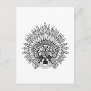 Raccoon in Featherkrieg Bonnet Doodle Postkarte