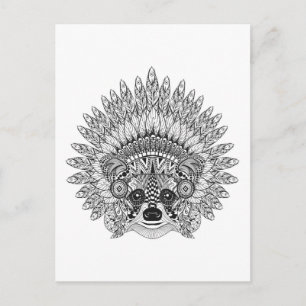 Raccoon in Featherkrieg Bonnet Doodle Postkarte