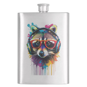 Raccoon in Kopfhörern und Brillen Flachmann