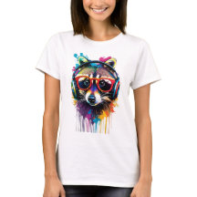 Raccoon in Kopfhörern und Brillen