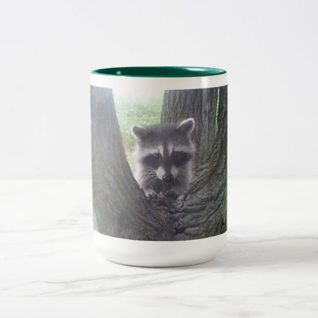 Raccoon in Tree Zweifarbige Tasse (Mittel)