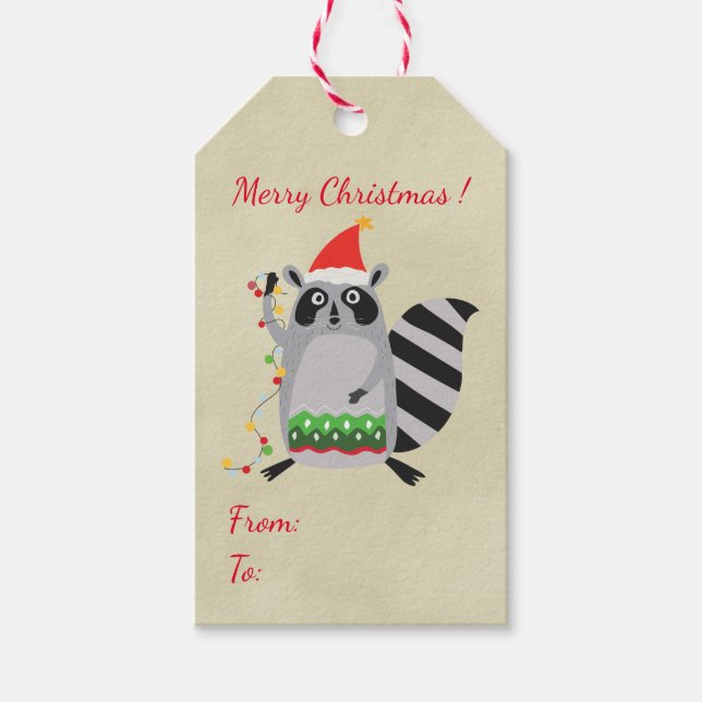 Raccoon in Weihnachtsmannmütze in Weihnachtsstimmu Geschenkanhänger (Vorderseite)
