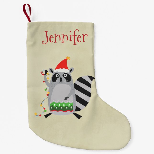 Raccoon in Weihnachtsmannmütze in Weihnachtsstimmu Kleiner Weihnachtsstrumpf (Vorderseite)