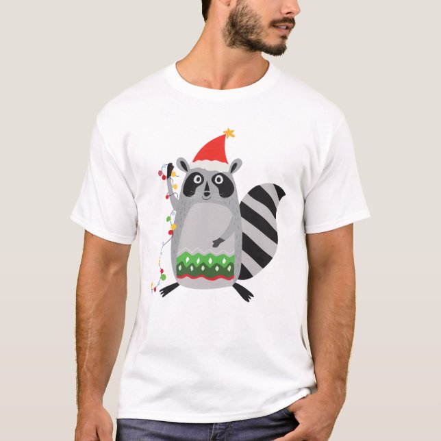 Raccoon in Weihnachtsmannmütze in Weihnachtsstimmu T-Shirt (Vorderseite)