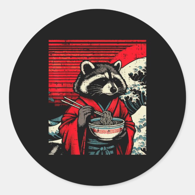 Raccoon Kimono Eating Ramen Japanese Food Art Men  Runder Aufkleber (Vorderseite)