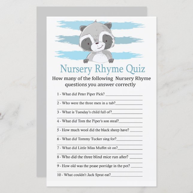 Raccoon Kinderzimmer Rhyme Quiz Kinderduschenspiel (Vorne/Hinten)