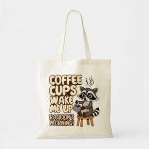 Raccoon lustiger Morgen mit Kaffeetasse Tragetasche