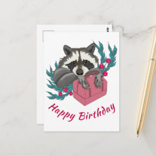 Raccoon mit Blume und einer rosa Tasche Glückwunsc Postkarte