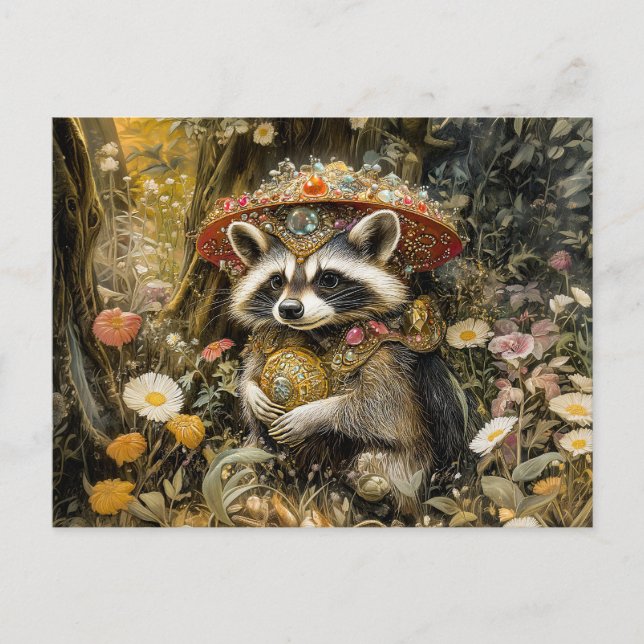 Raccoon mit einem Fly Agarious Pilz in Fantasy Fan Postkarte (Vorderseite)