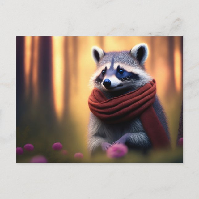 Raccoon mit einem Scarf im Wald Postkarte (Vorderseite)