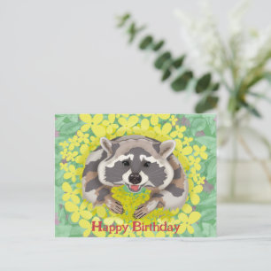 Raccoon mit gelben Blumen. Happy Birthday Feiertagspostkarte