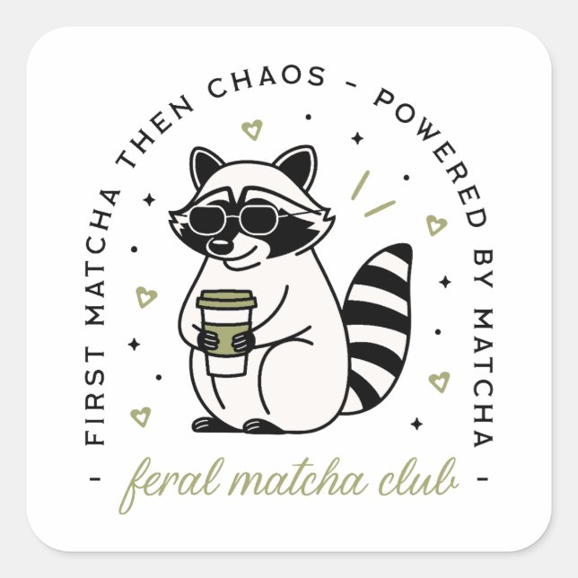 Raccoon mit Matcha-Klub, lustig kawaii-Ästhetik Quadratischer Aufkleber (Vorderseite)