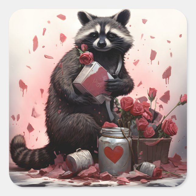 Raccoon mit Valentinstag-Müll Quadratischer Aufkleber (Vorderseite)