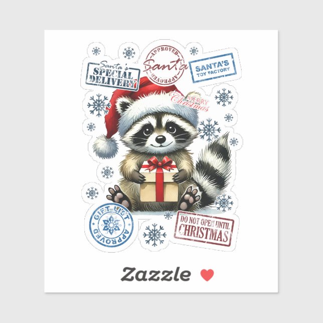 Raccoon mit Weihnachtsgeschenk und Briefmarke Aufkleber (Blatt)