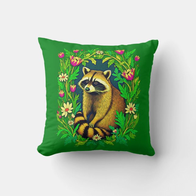 Raccoon mitten im Garten der Wildblume Kissen (Vorderseite)