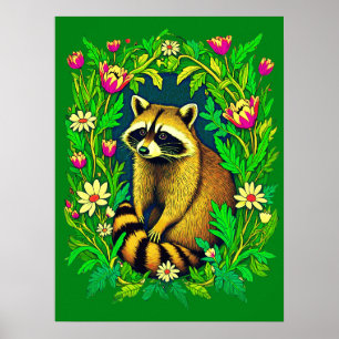 Raccoon mitten im Garten der Wildblume Poster