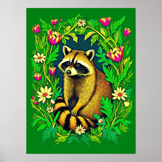 Raccoon mitten im Garten der Wildblume Poster (Vorne)