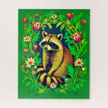 Raccoon mitten im Garten der Wildblume Puzzle<br><div class="desc">Das Puzzle in einem niedlichen Waschbär liegt inmitten eines Gartens,  gerahmt von hellgrünen Blätter,  gelben Gängen und rosa Tulpen. Die kühnen Farben und die spielerischen Details verleihen dem Design eine fröhliche und lebendige Atmosphäre,  die den Charme der Wälder mit einem Hauch von Gartenfarbe verbindet.</div>