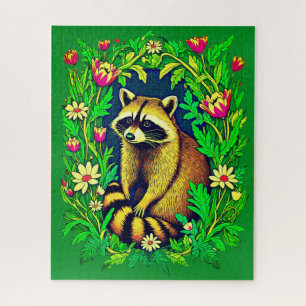 Raccoon mitten im Garten der Wildblume Puzzle