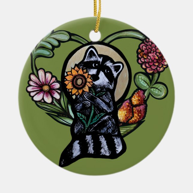 Raccoon Natur liebt Sonnenblumen Keramik Ornament (Vorne)