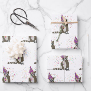 Raccoon Partying - Tiere mit einem Party Geschenkpapier Set