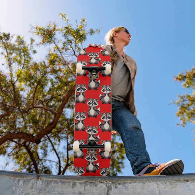 Raccoon Pattern Design Red  Skateboard (Außen 1)