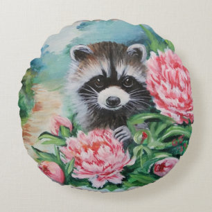 Raccoon & Peonies Throw Kissen