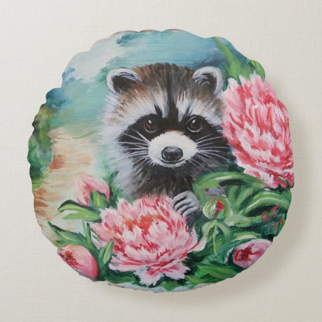 Raccoon & Peonies Throw Kissen (Vorderseite)