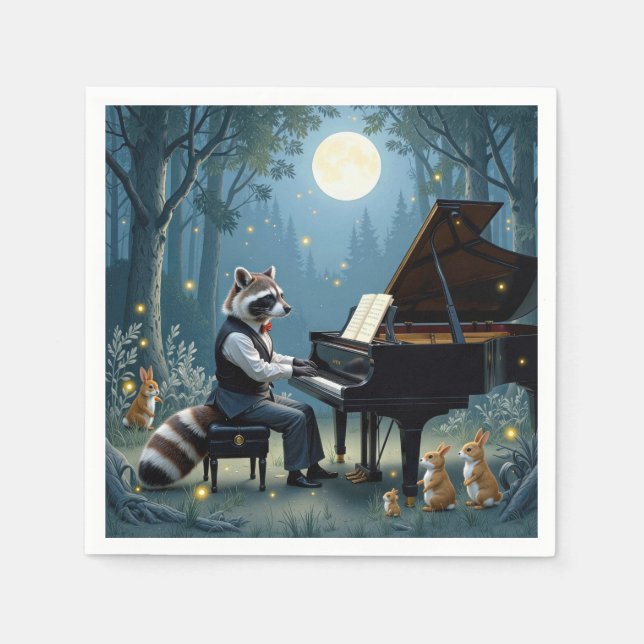 Raccoon Piano im Wald Serviette (Vorderseite)