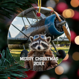 Raccoon Pilot Flugzeug Sonniges Foto Weihnachten Keramik Ornament