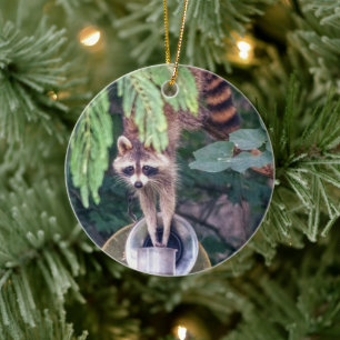 Raccoon Raiding the Bird Feeder Keramik Ornament
