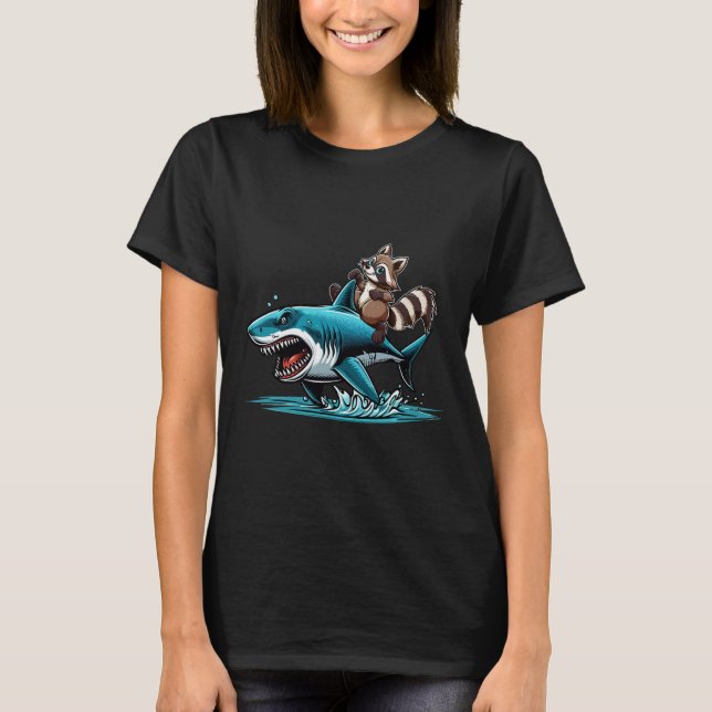 Raccoon Riding Shark Kostüm Meer Landtiere Kinder T-Shirt (Vorderseite)