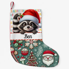 Raccoon Santa mit Frohen Festtagen Design Kleiner Weihnachtsstrumpf