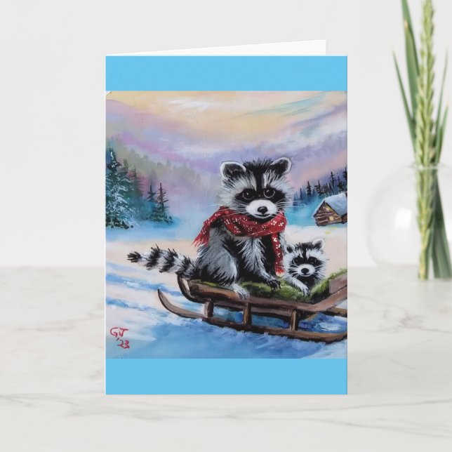 Raccoon-Schlitten Winterszene Blank Grußkarte Karte (Vorderseite)