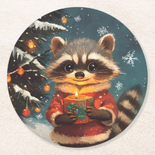 Raccoon Schnee Weihnachtslieder Runder Pappuntersetzer