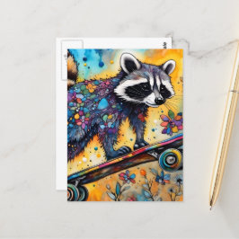 Raccoon Skateboarding Postkarte