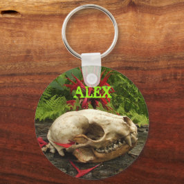 Raccoon Skull Altes Holz mit Farne und rote Monard Schlüsselanhänger