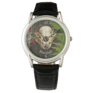 Raccoon Skull old log ferns & Rote Bienenbalsam Bl Armbanduhr