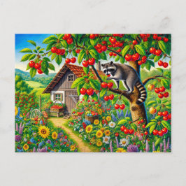 Raccoon Snacking auf Kirschen im alten Kirschbaum Postkarte