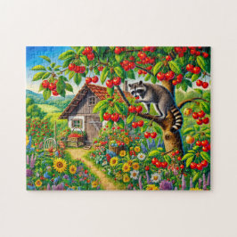 Raccoon Snacking auf Kirschen im alten Kirschbaum Puzzle