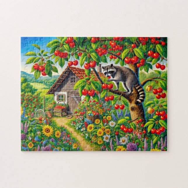 Raccoon Snacking auf Kirschen im alten Kirschbaum Puzzle (Horizontal)
