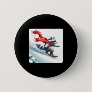 Raccoon Snowboarding Down Hill in Red Scarf. Schne Button