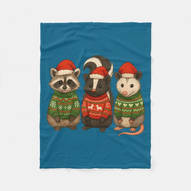 Raccoon Ssum Skunk Ugly Sweater Santa Hat Christma Fleecedecke (Vorderseite)