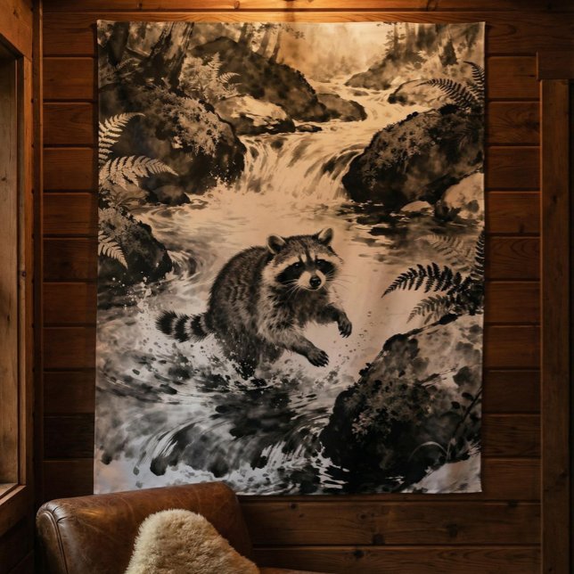 Raccoon Stream Tapestry | Forest Wildlife Art  Wandteppich (Von Creator hochgeladen)