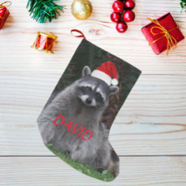 Raccoon Tragen roter Weihnachtsmannmütze mit Name Kleiner Weihnachtsstrumpf