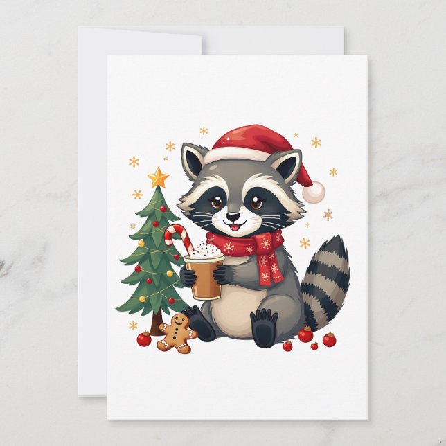 Raccoon Tragen Weihnachtsmannmütze für Weihnachtsf Einladung (Vorderseite)