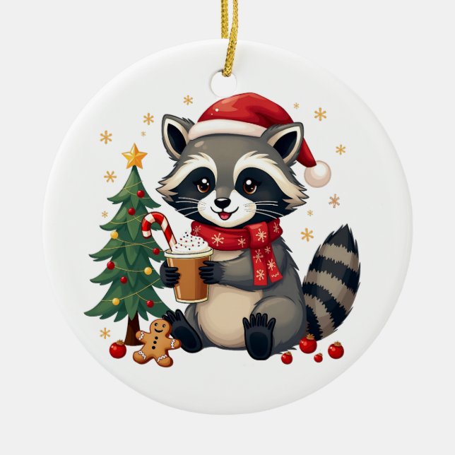 Raccoon Tragen Weihnachtsmannmütze für Weihnachtsf Keramik Ornament (Vorne)