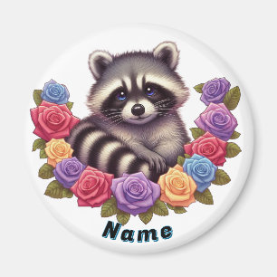 Raccoon umgeben von lebhaften bunten Rose Magnet